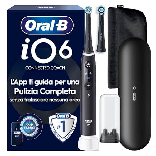 Oral-B iO6 Spazzolino Elettrico | Nero | 2 Testine di Ricambio | Batteria a Lunga Durata | Custodia da Viaggio Premium | Astuccio Magnetico | Porta Testine | Edizione Regalo
