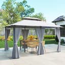 Outsunny Cenador para Jardín 3x4 m, Pabellón de Jardín, Gazebo con Doble Techo, 6 Paredes Laterales, Estructura Metálica, Drenaje, Carpa para Exterior, Terraza, Patio, Gris Oscuro - 6