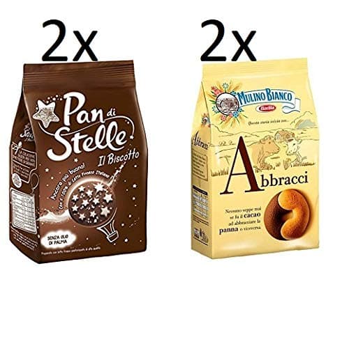 4 Bags Mulino Bianco Breakfast Value Set 2X Pan di Stelle 350g & 2X Abbracci Biscuits 350g Italian shortbread Cookies Cocoa & Cream