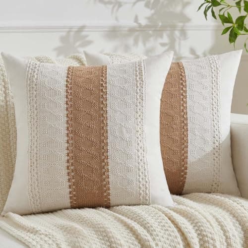 Fundas Cojines 40x40 Marrón Boho Moderno Decorativa Otoño Funda de Cojin Bohemio Suave Algodón Lino Almohada Sofa Cojín Cuadrado para Sofá, Sala de Estar, Jardín, Decoración del Hogar Juego 2