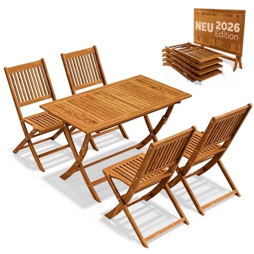 CASARIA® Juego de Muebles de Jardín 5 Piezas Plegable Set Comedor Exterior Madera Acacia FSC® Mesa 4 Sillas Resistente Intemperie Balcón Terraza