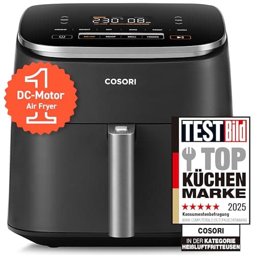 Cosori TurboBlaze Airfryer, 9-in-1 Air Fryer XXL 6L, quiet DC motor with 5 fan speeds, Roast, Grill, Bake, Proof, Dehydrate, Frozen, 87 recipes, 64% energy saving, 95% less oil, even&crispy results