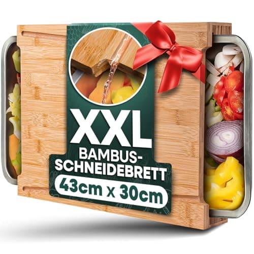 Loco Bird Schneidebrett mit Auffangschalen aus Bambus - 43x30x7cm - cutting board mit 2 Schalen aus Edelstahl - ideales Küchenhelfer Gadget Set für die Küche - Küchenbrett groß aus Holz