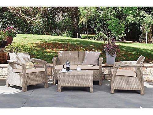 Keter Corfu Lounge Set, Gartenmöbel mit 2-Sitzer-Sofa, 2 Sesseln und einem Tisch mit Kissen, cremefarben, 50 x 168 x 75 cm, Rattan, Grande