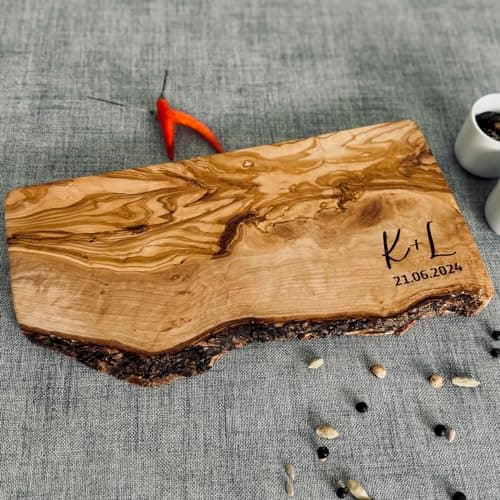 Couples Gift Personalised Olive Wood Cutting Board Chopping Board Wedding Gift New Home Gift Engagement Wedding Anniversary Valentines Initials Design in 25cm 30cm 40cm 50cm (Rustic 30cm)