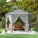 Outsunny 3 x 4m Garden Gazebo Hexagon Pop Up Gazebo Party Tent Canopy Double Roof Instant Shelter with Netting and Carry Bag for Outdoor Patio, Dark Grey - 8