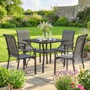 Outsunny 5 Pieces Garden Dining Set for 4, Patio Table and Stackable Chairs with Breathable Mesh Seat and Parasol Hole, Garden Furniture Set with Steel Frame for Garden, Dark Grey - 8