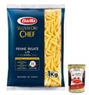 Barilla Selezione Oro Chef Penne Rigate n.73, pasta de sémola de trigo duro, 100% cereales italianos, paquete de 1 kg + lata de 400 g - 1