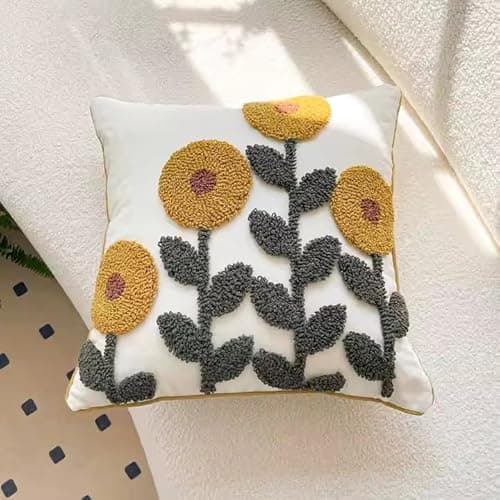 Generisch Nordic Fresh Embroidered Cushion Cover - Elegant Floral Throw Pillow Case for Sofa, Couch & Home Decor - Soft Cotton Linen Look - 45 x 45 cm (Soft Beige Yellow)