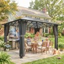 Outsunny 3 x 4 m Outdoor Hardtop Gazebo Canopy with Polycarbonate Roof, Waterproof Aluminium Permanent Pavilion Garden Gazebo Patio Shelter with Curtains, Dark Grey - 8