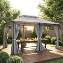 Outsunny Cenador para Jardín 3x4 m, Pabellón de Jardín, Gazebo con Doble Techo, 6 Paredes Laterales, Estructura Metálica, Drenaje, Carpa para Exterior, Terraza, Patio, Gris Oscuro - 9