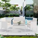 Arreditaly Set Di Mobili da Giardino Salotto Salottino in Rattan 4 Posti con Tavolino E Ripiano In Vetro 2 Poltrone e Divano 2 Posti Per Giardino Esterno Piscina Cuscini Sfoderabili (Bianco) - 2