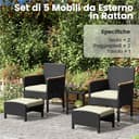 Yaheetech Set di 5 Mobili da Giardino in Rattan PE Mobili da Balcone con 2 Poltrone 2 Poggiapiedi 1 Tavolino in Vetro per Esterno Patio Terrazza Nero/Beige - 3