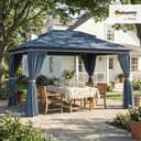 Outsunny 3 x 4 m Outdoor Garden Gazebo with Netting and Curtains, UPF50+ Double Roof Patio Gazebo Permanent Pavilion Canopy Shelter with Metal Frame, Drainage Holes, Dark Blue - 2