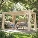 Outsunny Pérgola de Jardín 3x4 m, Cenador de Jardín con Techo Ondulado, 4 Cortinas Extraíbles, Protección UPF50+ y Estructura de Acero Resistente, Pabellón para Exterior, Patio, Terraza, Beige - 9